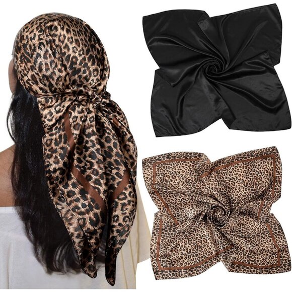 Accessories - 35 Inch Silk Head Scarf 2 Pcs Leopard + Black